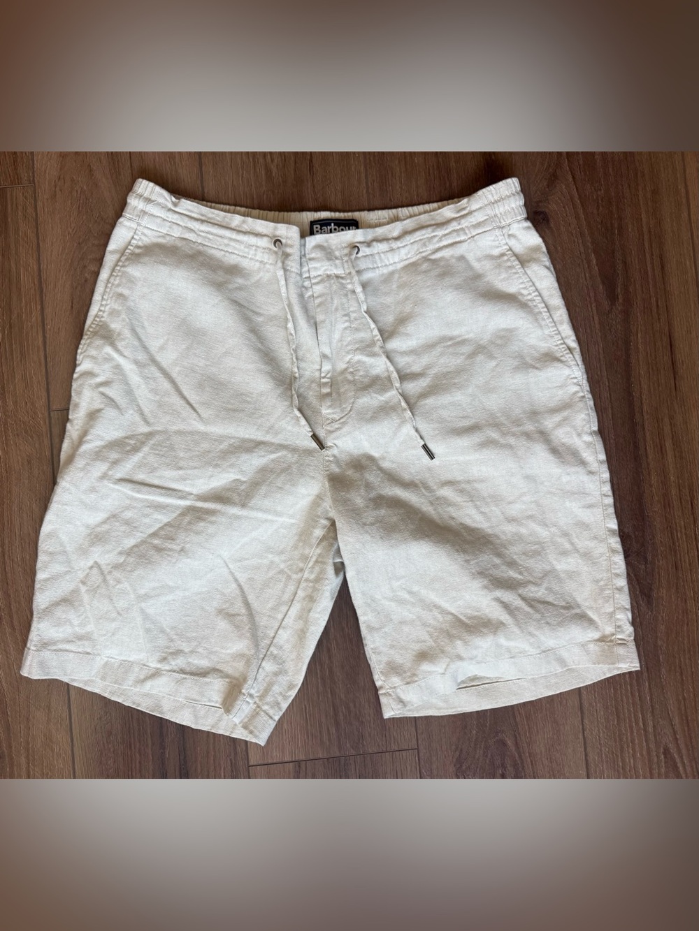 Barbour Men’s Linen Shorts Sz 34 Beige Elastic Waist Coastal Beach Resort